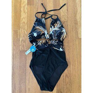 NWT Cupshe Womens Size XS Black Floral One Piece Swimsuit Cut Out